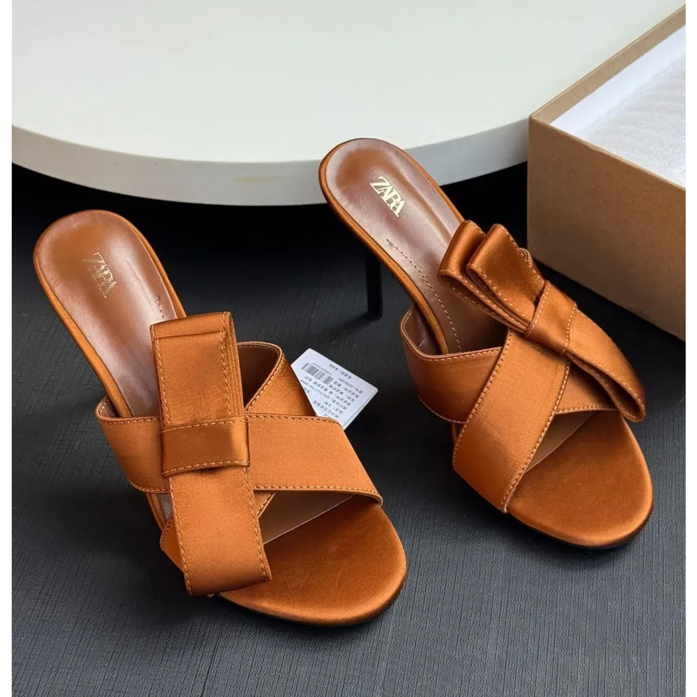ZARA Satin Brown Heels NWT | Crossover Strap with Bow Detail - Picture 5 of 16